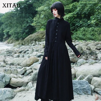 

XITAO Vintage Cotton and Linen Jacquard Dress Women Fashion Loose Plus Size Long Sleeve Black Dresses for Women Elegant WJ1091