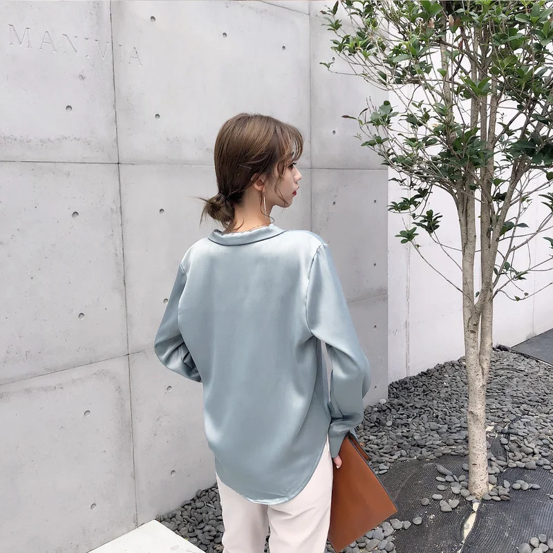 Осень, женская блузка с v-образным вырезом и длинным рукавом, топы, винтажная шелковая атласная блузка, рубашки для женщин, элегантный корейский стиль 5272 50