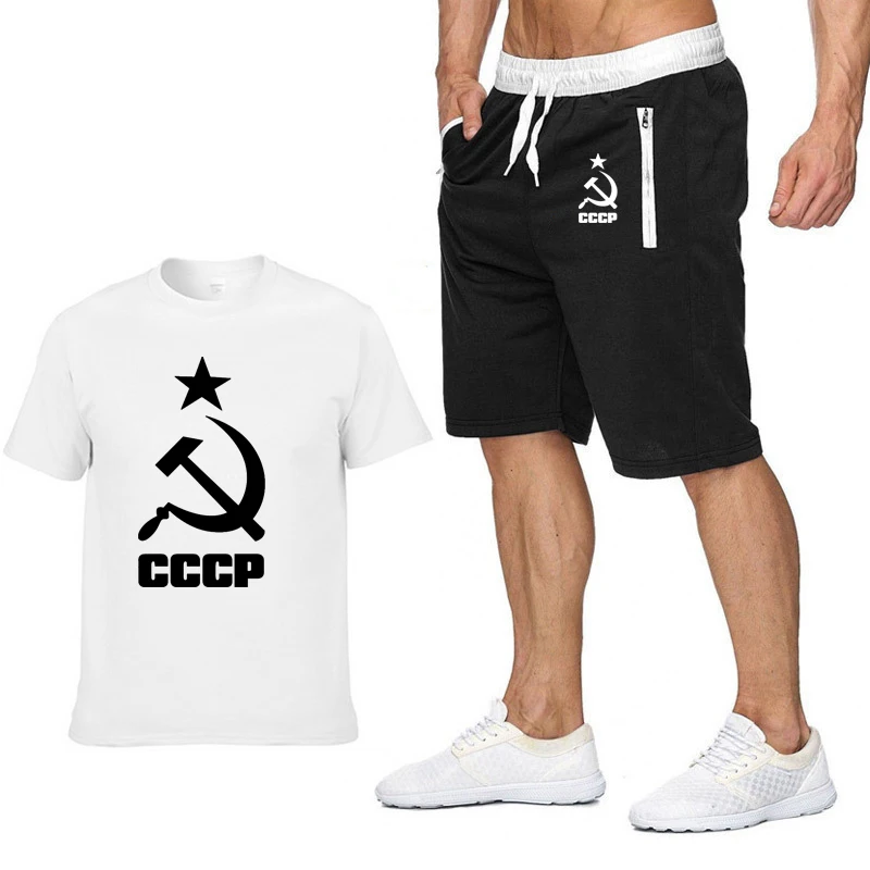 Летние модные футболки для мужчин CCCP, русские, советское соединение, мужские, с коротким рукавом, в Москву, Россию, повседневные футболки мужские, хлопок+ шорты, костюм