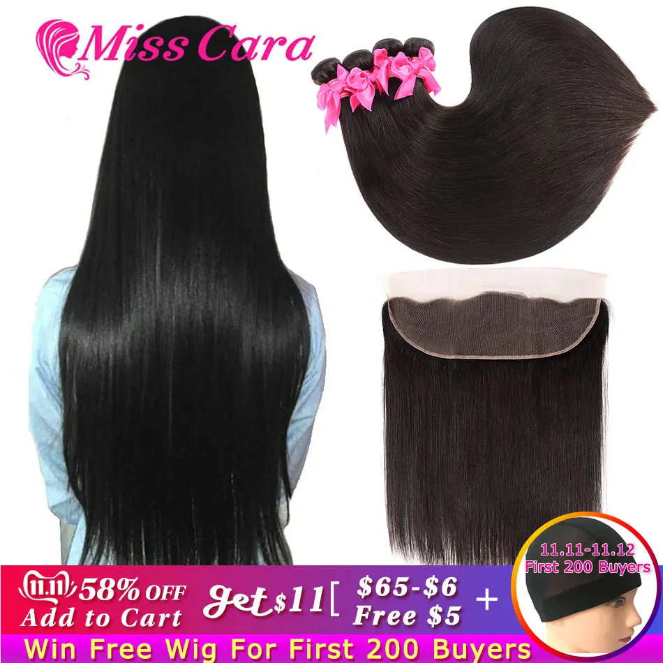 Prix Cheveux raides péruviens paquets avec frontale Miss Cara 100% cheveux humains Remy 3 4 paquets avec fermeture 13*4 frontaux avec paquets
