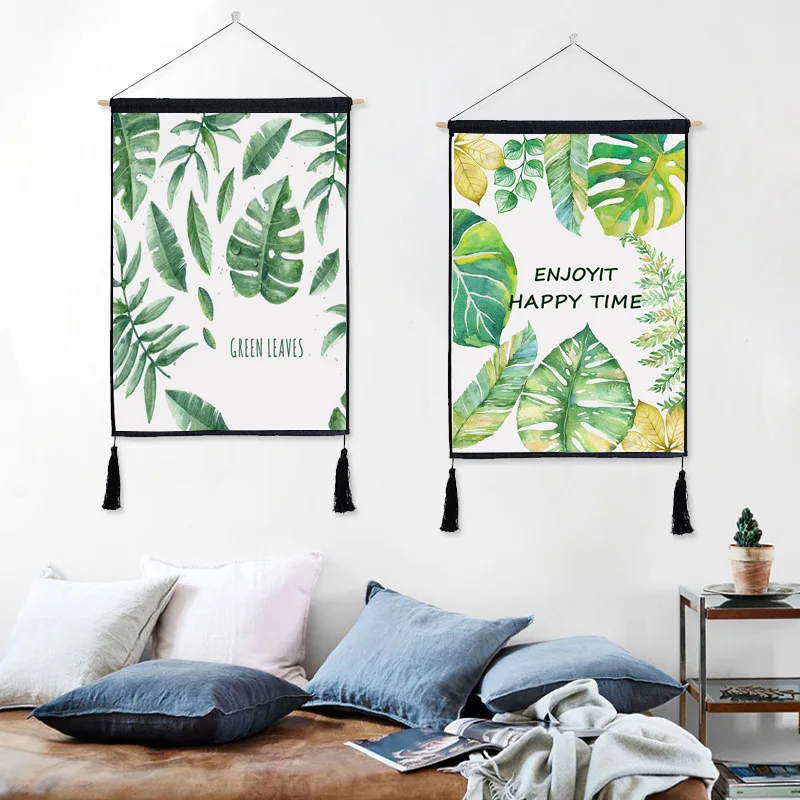

Green Leaves Tapestries Wall Hanging Cloth Nordic Plant Tapestry With Tassel Home Decor Wall Art Photo Background Tapiz