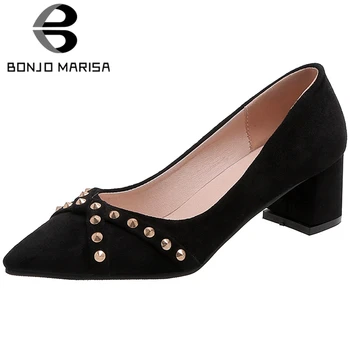 

BONJOMARISA New Consise Female Pumps Spring Rivet Pointed Toe Slip On Shallow Pumps Women High Heel Flock Office Shoes Woman