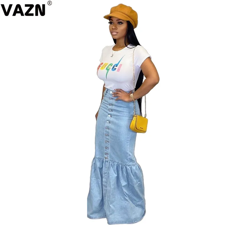 VAZN BN9212 Топ дизайн Осенняя Сексуальная женская светло-голубая длинная джинсовая юбка много биттонов летит Высокая талия оборки юбка турмпет юбки