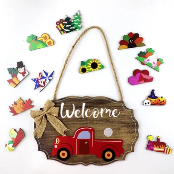 Welcome Signs for Holiday Halloween Wooden with With Interchangeable Holiday Pieces or Front Door Porch Hanging Decor 1