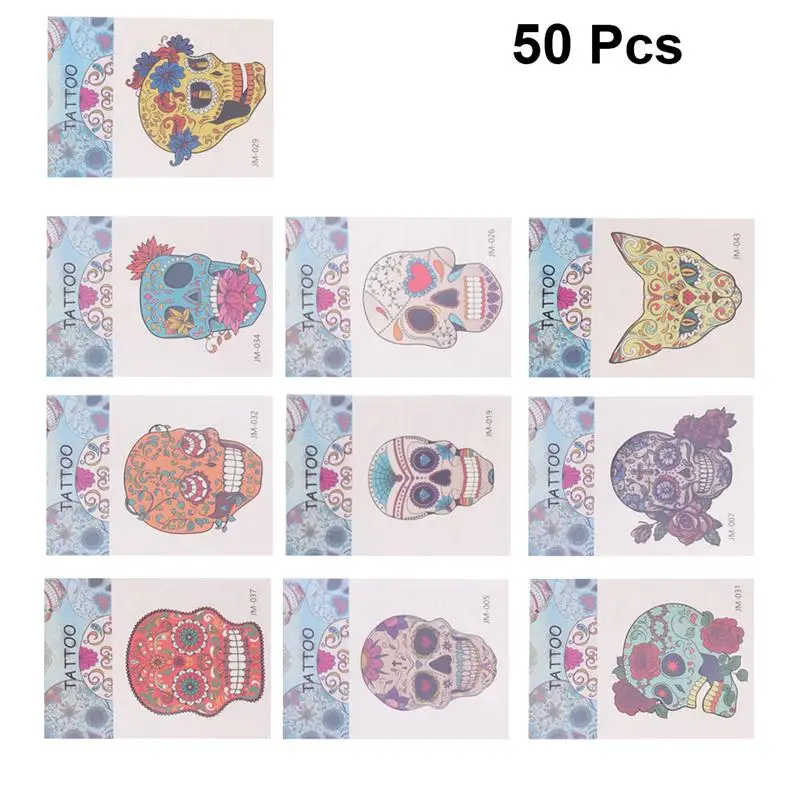 

50Pcs Halloween Tattoo Stickers Halloween Skull Head Pattern Decorative Waterproof Prank Decals For Kids Adults Body Art Sticker