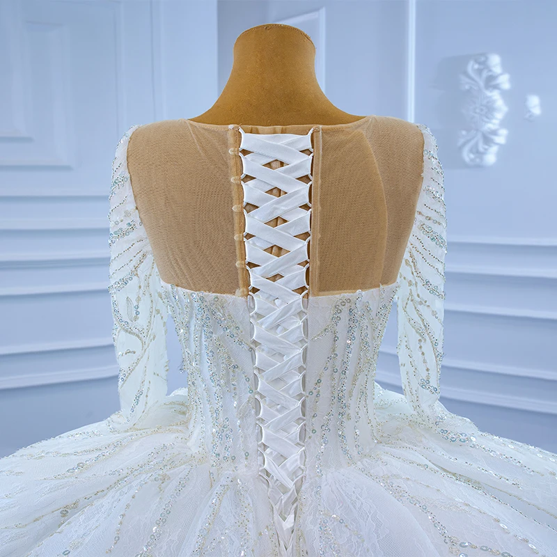 RSM67273 Sexy White Frill Deep V-neck Transparent Lace Wedding Dress Customizable Women Long Sleeve Gold Striped Wedding Gown 6
