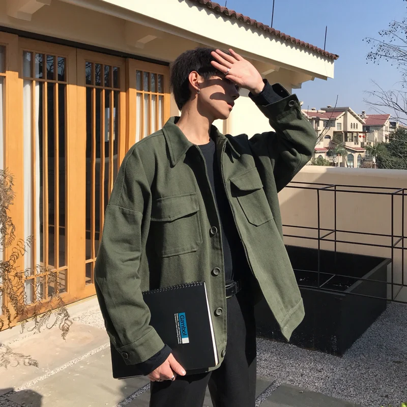 Tooling Jacket Men's Fashion Solid Color Casual Cotton Jacket Man Streetwear Wild Hip Hop Loose Bomber Jacket Male Clothes