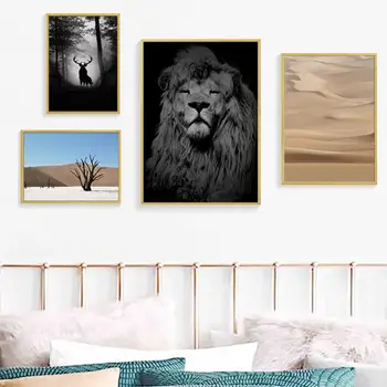 

Animal Art Poster African Desert Landscape Elk Lion Canvas Painting Living Room Decoration Background Wall Painting Frameless