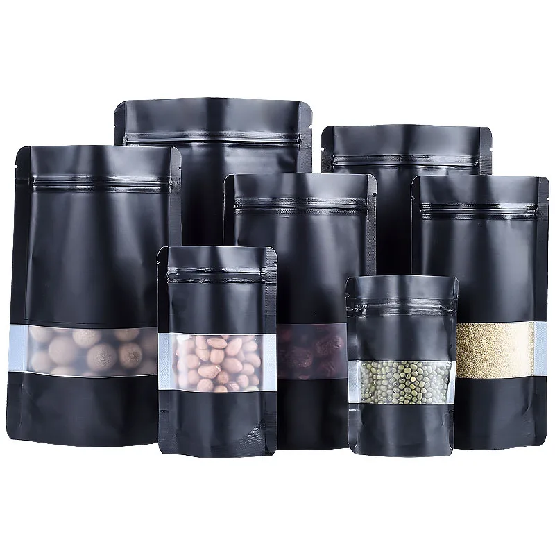 

1000pcs/lot Stand up Black Aluminum Foil Self seal Bag with Window, Metallic Plastic Packaging Pouch for Food Tea Candy Cookie