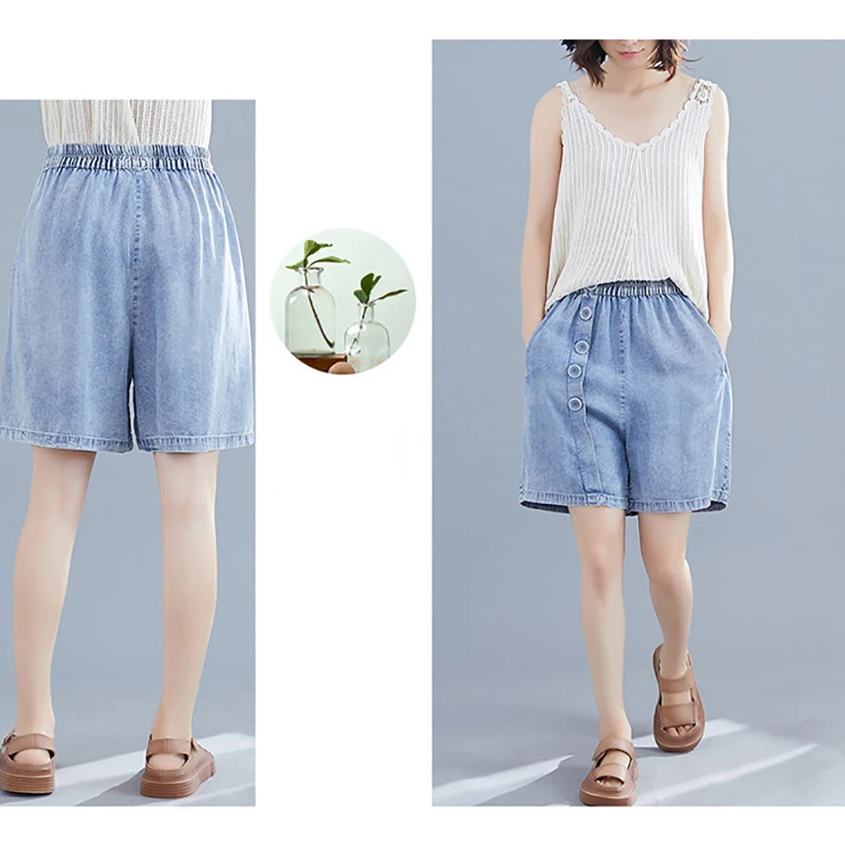AudWhale Plus Size Denim Shorts For Women Elastic Waist Ladies Jeans Shorts Loose High Waist Summer Jeans Shorts Femme