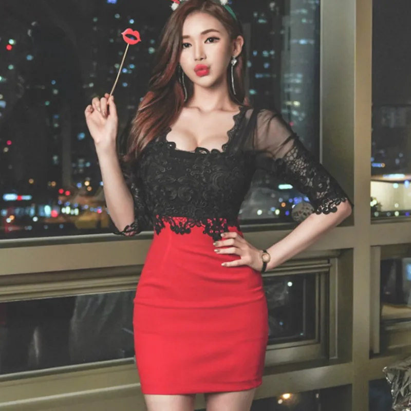 

2020 Spring Summer High Waist Red Black Lace Patchwork Mini Bodycon Sexy Cloth Women Half Sleeve Club Dress