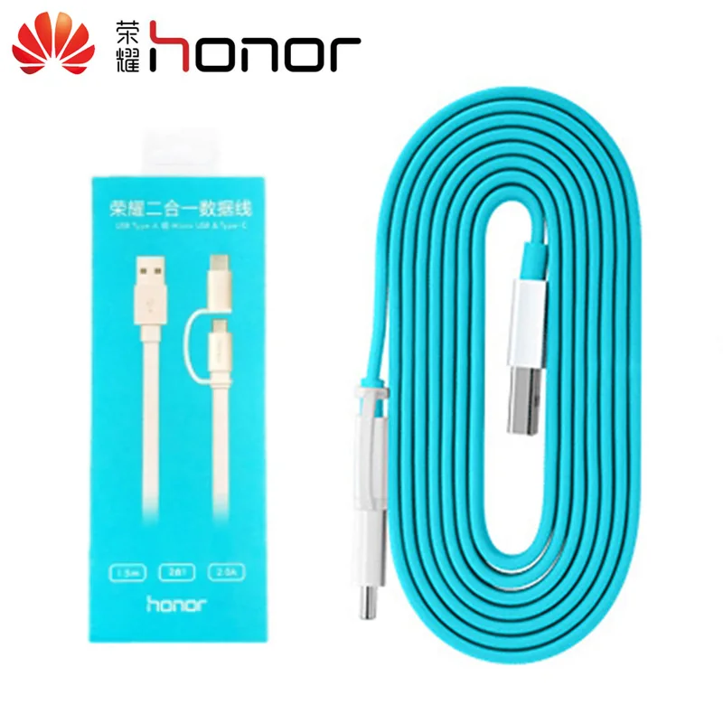 Оригинальный кабель Huawei 2 в 1 micro USB Type c синий 5 м для honor 9 8x 7x y6 y9 p20 p10 p9 lite mate 20 p smart
