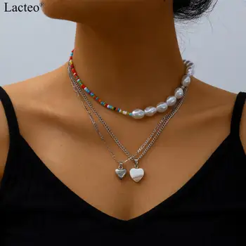 

Lacteo Steampunk Double Layered Love Heart Pendant Necklace 2020 Fashion Colorful Beads Imitation Pearl Chain Choker Necklace
