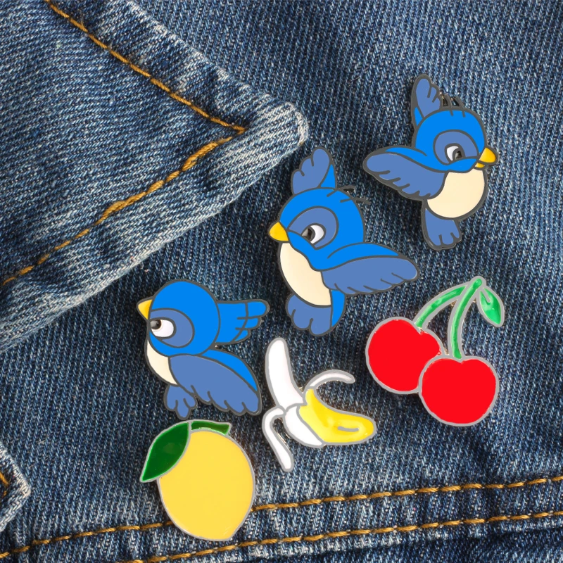 Cute Blue Birds Cartoon Fruits Brooch Banana Cherry Peach Enamel Pin Women Jackets Lapel Pins Hat Kids Bag Metal Badges Jewelry