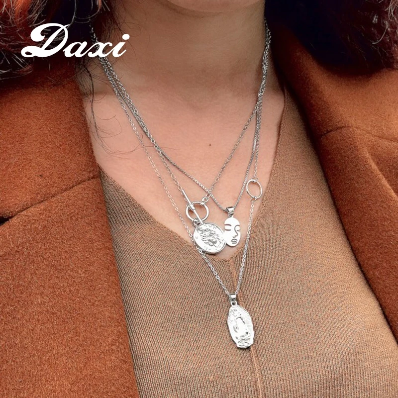 DAXI Punk Multi Layered Choker chain Necklace collar mujer Statement Virgin Mary Coin Pendant chains Women Jewelry | Украшения и