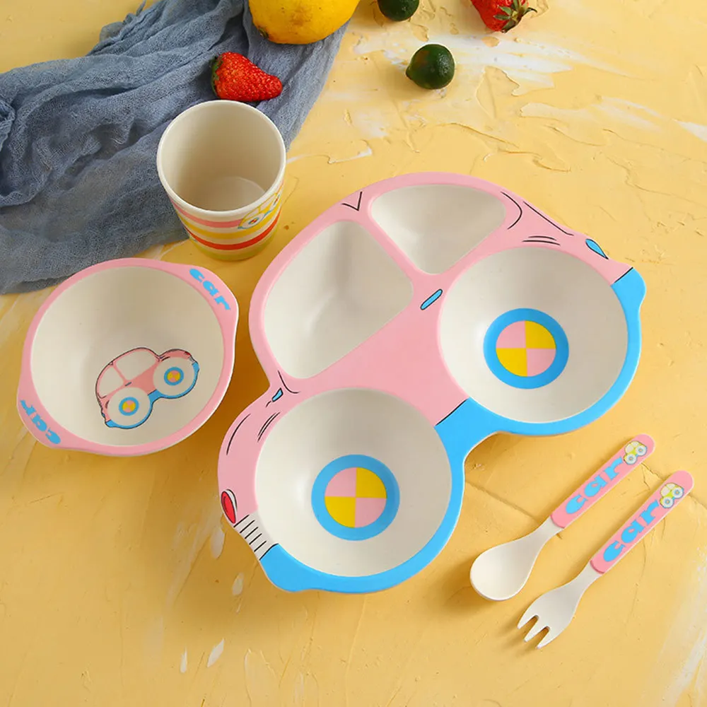 5 шт./компл. детское блюдо посуда детская натуральная миска из бамбукового волокна с чашкой ложка тарелка вилка Кормление разделительные блюда для детей - Цвет: PJ3665A