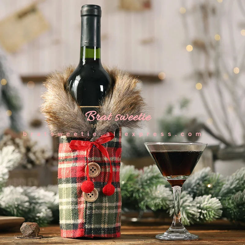 Buffalo Check Plaid Christams Plush Red Wine Bottle Cover Bags Xmas Wine Bottle Lights Navidad Decorations Dinning Table Decor