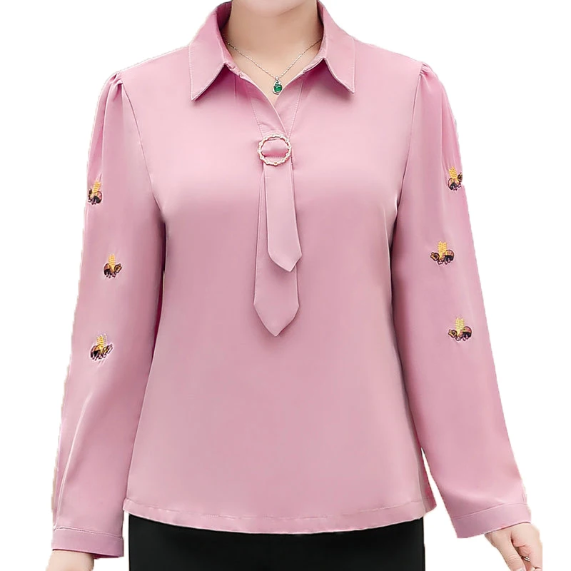 

Women Smart Casual Shirts Pink Green Small Insect Pattern Tie Knot Design Turn Down Collar Blouses Office Lady Autumn Spring Top