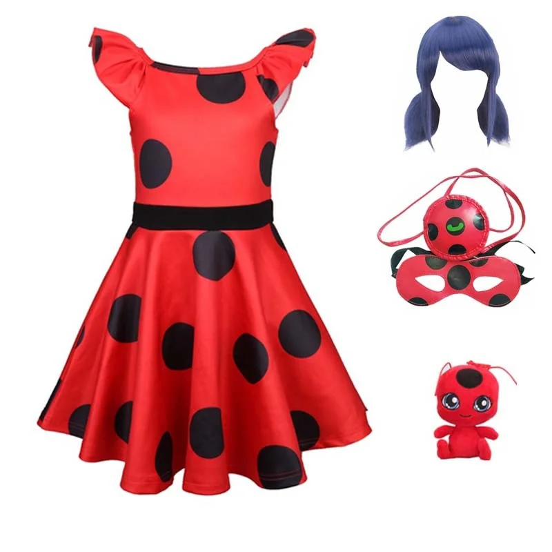 

Marinette Cartoons Cosplay Red Pretty Girls Dress Summer Clothes Holiday Party Dress Children's Dot Baby Girls Dresses Costumes