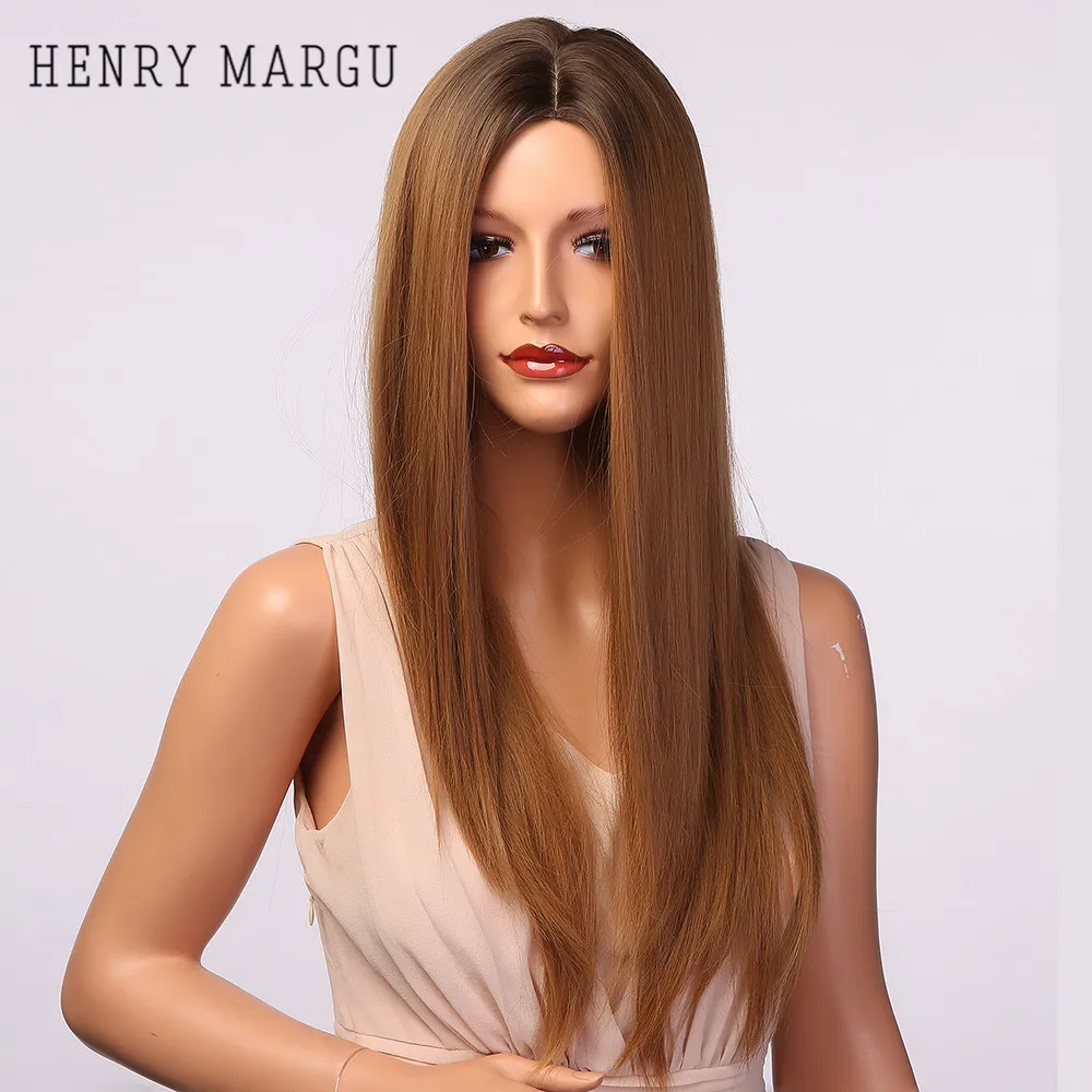 

HENRY MARGU Long Straight Synthetic Wigs Dark Root Ombre Brown Natural Wigs For Women Middle Part Hair Wigs High Temperature
