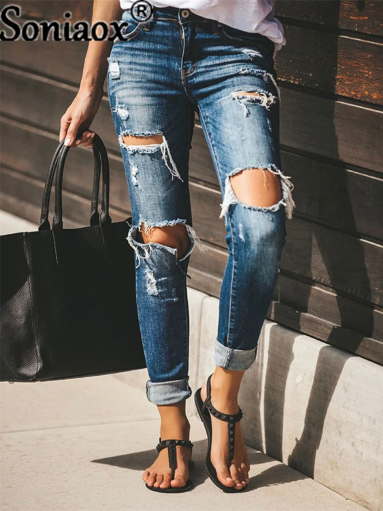 Women Ripped Hole Stretch Jeans 2021 Sexy Slim High Waist Buttons Pencil Denim Pants Ladies Fashion Casual Street Jean Trousers vintage washed 2 buttons split jeans women 2023 new high waist micro flare denim pants female korean fashion slim trousers girls