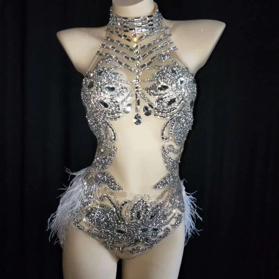 Sparkly Gold Silver Rhinestone Bodysuit Women Sexy See Trough Feather Tail Birthday Party Nightclub Singer Dance Stage costume - Цвет: Silver bodysuit