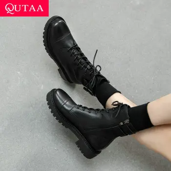 

QUTAA 2021 Autumn Winter Round Toe Ankle Boots Buckle Lace Up Zipper Women Short Boots Cow Leather Women Shoes Size 35-39