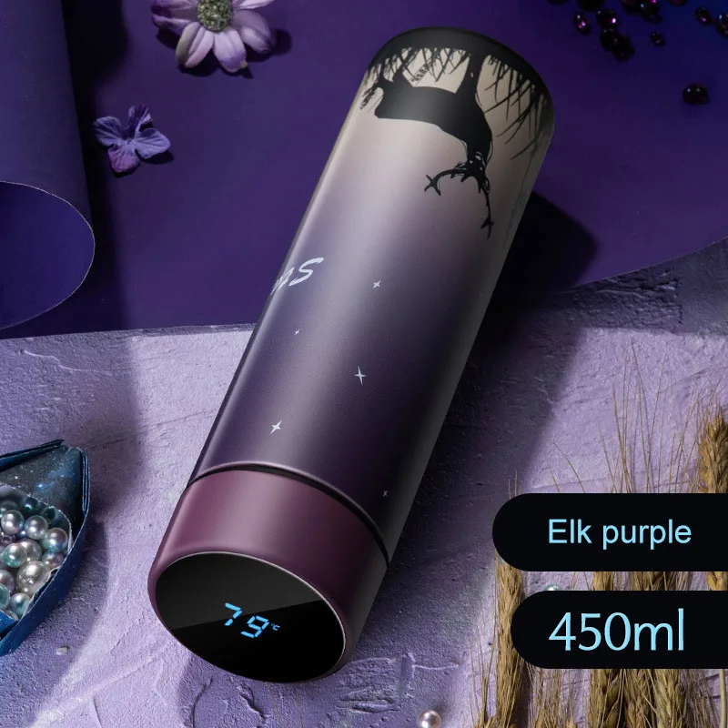 450 мл Термос Термосы с дисплеем температуры 304 нержавеющая сталь бутылка для воды дорожная кофейная кружка 6-12 часов прямая чашка - Цвет: elk purple