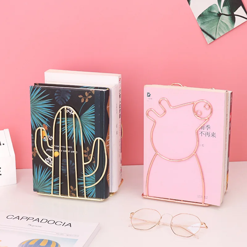 

Nordic Geometric Gold Book Stand Wrought Iron Love Cactus Flamingo Shape Design Bookshelf Bookend Magazine Office Desk Organizer