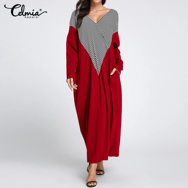 

Celmia Vintage Womens Dress Ladies V Neck Long Maxi Sundress Long Sleeve Striped Patchwork Casual Loose Vestidos Robe Plus Size