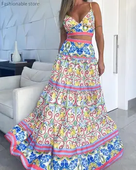 

Women Bohemian Floral Print 2pcs Suit Ruffles Spaghetti Strap V Neck Crop Top and High Waist Big Swing Maxi Skirt Set