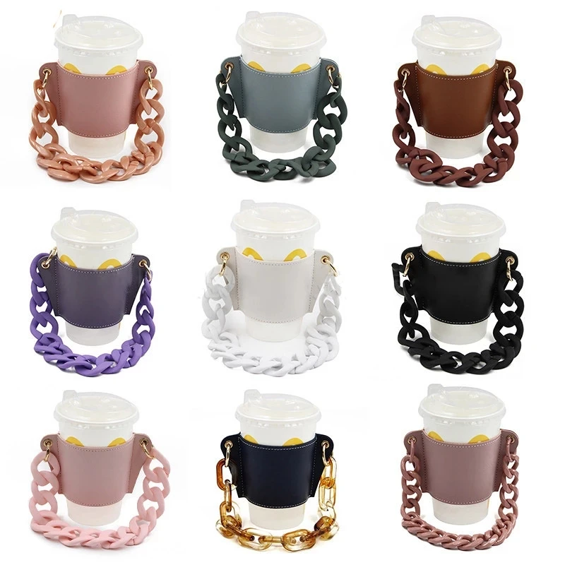 

1PC PU Leather Water Bottle Cover Hand-Held Holder Coffee Cup Outer Packaging Bag Detachable Chain Portable (Without Water Cup)