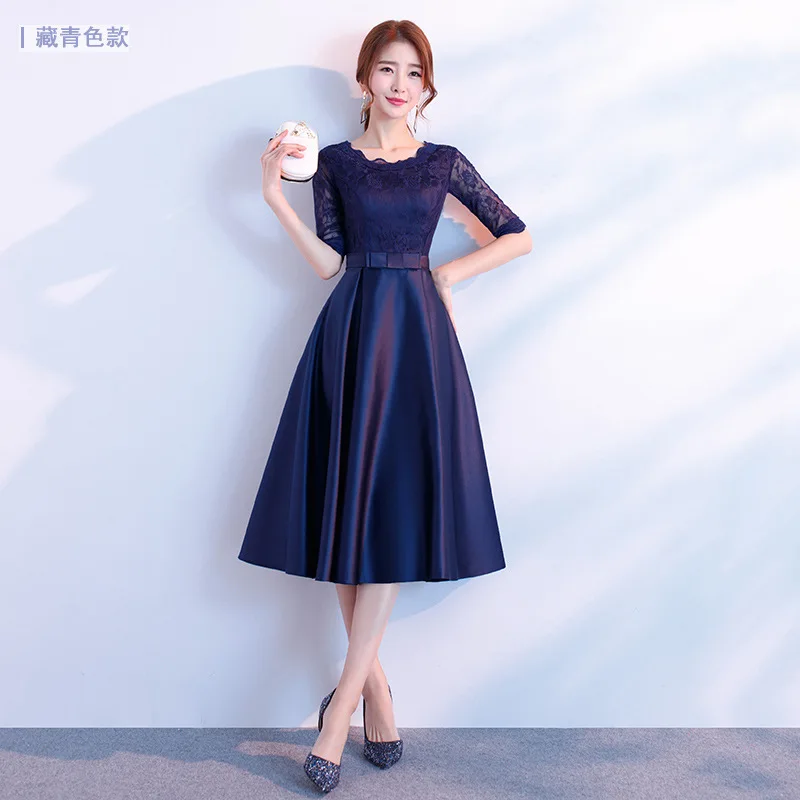 Кружевное вечернее платье Cheongsam Длинные платья Qi Pao Женская традиционная китайская одежда Qipao Продвижение модные китайские вечерние платья - Цвет: Navy round neck mid