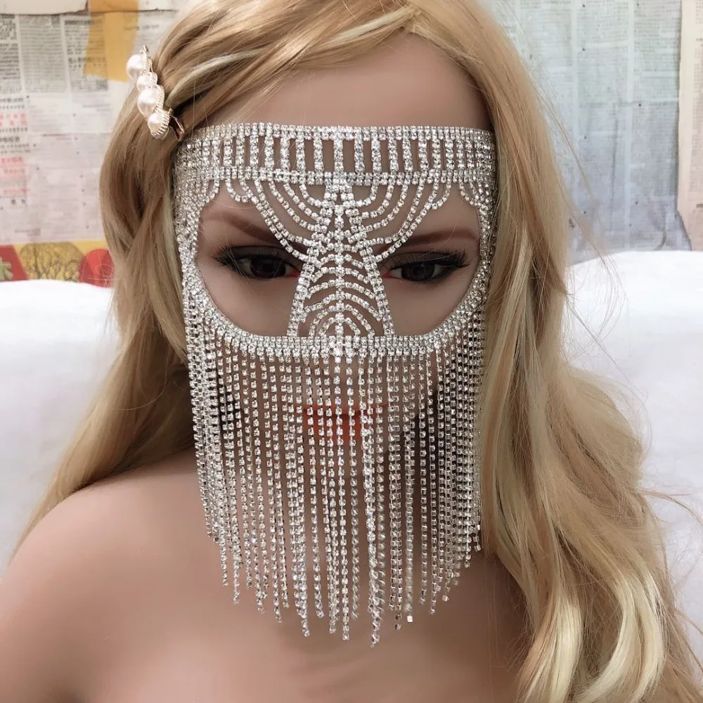 

Модные женские блестящие все стразы кисточкой Маска make up Танцы ювелирные изделия для ночного клуба аксессуары цепочка на голову сексуальные ювелирные изделия с вуалью подарок