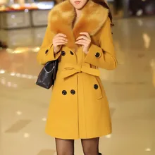 Женское шерстяное пальто размера плюс с поясом длинное двубортное офисное винтажное пальто из искусственного меха зимнее пальто 5XL желтый/хаки