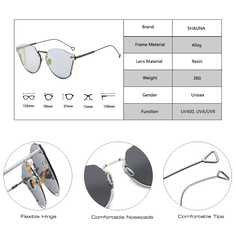 Женские очки shauna, мужские негабаритные полуоправы, солнцезащитные очки пилота, фирменный дизайн, украшение на цепочке, градиентные/зеркальные линзы, очки