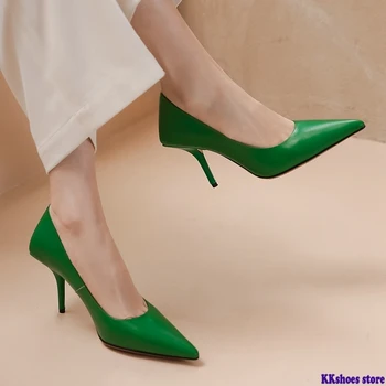 

2020 New Handmade Black Leather Ladies Pumps Sheepskin Super High Thin Heels Shoes Elegant Pointed Toe Office Women's Pumps