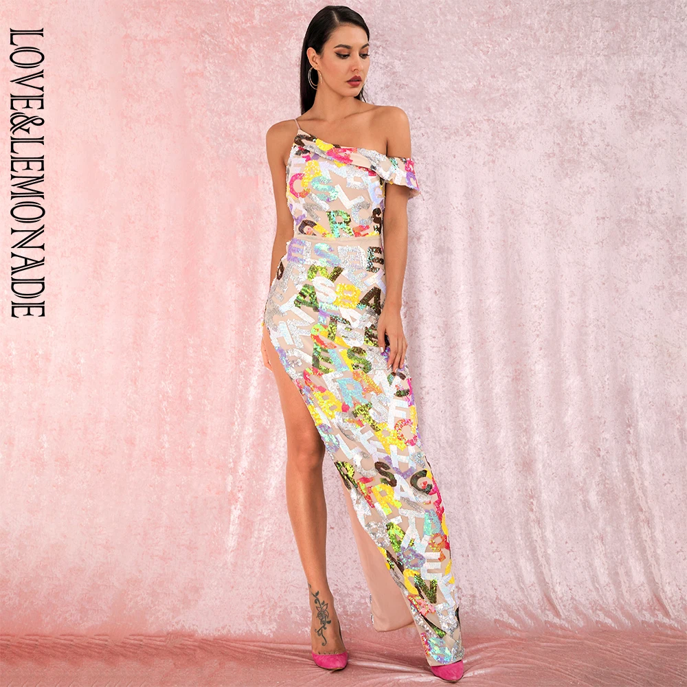LOVE&LEMONADE Sexy Drop Shoulder Split Letter Sequin Bodycon Party Maxi Dress LM82120
