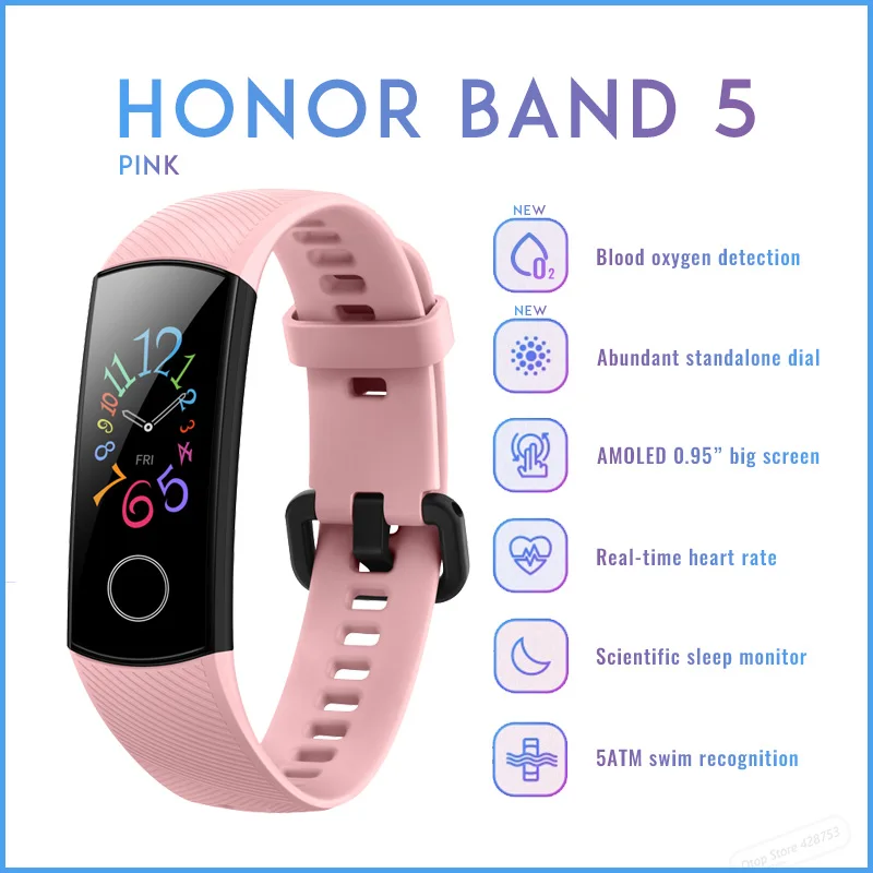 Смарт-браслет huawei Honor Band 5 с кислородом крови, цветной сенсорный экран, монитор сердечного ритма, сна, сна - Цвет: Honor Band 5 PNK