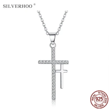 

SLVERHOO 925 Sterling Silver Pendant Necklace Fashion Double Cross Set Diamond Pendant Romantic Party Jewelry Necklace Gift 2020