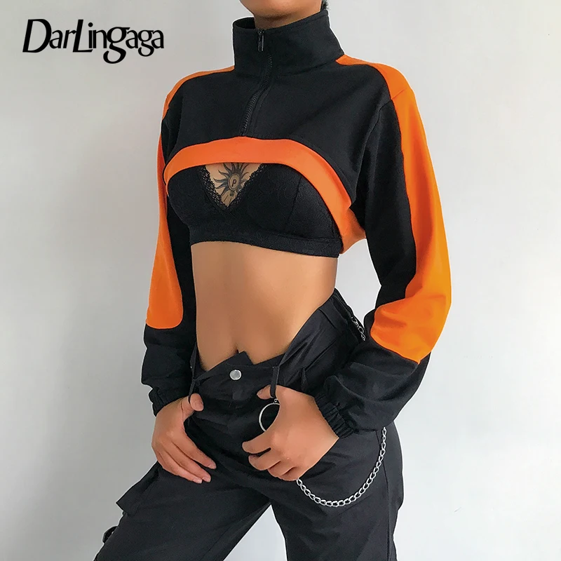 

Darlingaga Streetwear Turtleneck Sweatshirts Pullover Zipper Panelled Smock Crop Top Hoodie Autumn Women's Sweatshirts Clothing