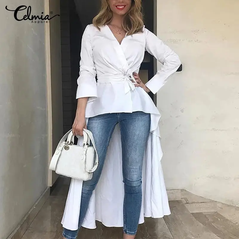  Celmia Women Elegant V-Neck Long Sleeve Blouse Soild Spring Autumn Bowknot Belted Irregular Hem Lon