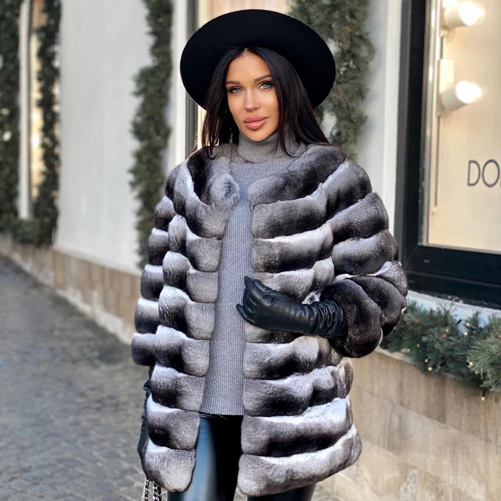 2022 Fashion Women Real Fur Coat Winter New Full Plet Genuine Rex Rabbit Fur Jacket Chnchilla Color Trendy Fur Overcoat Luxury fashion women real mink fur coat winter luxury woman high street 100cm long genuine mink fur coats with hood trendy fur overcoat