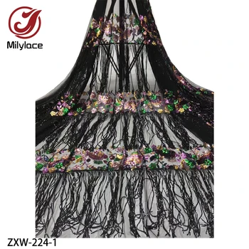 

Pretty Sequined Embroidered Lace Fabric with Sequin Tassel 5 Yards Nigerian French Tulle Lace Fabric ZXW-224