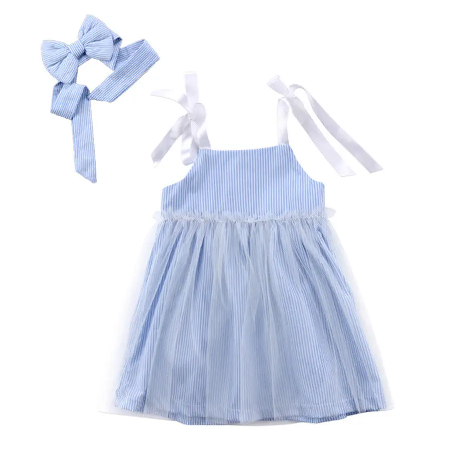 

Sweet Infant Kids Clothes Baby Girls Lace Tulle Dress Sleeveless Stripe Dress One-Piece Headband Outfits
