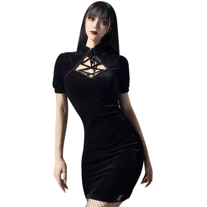 

2020 New Sexy Pure Round Neck Button Down Cutout Tight Dress Female Spring and Summer Club Party Night Elegant Black Dress