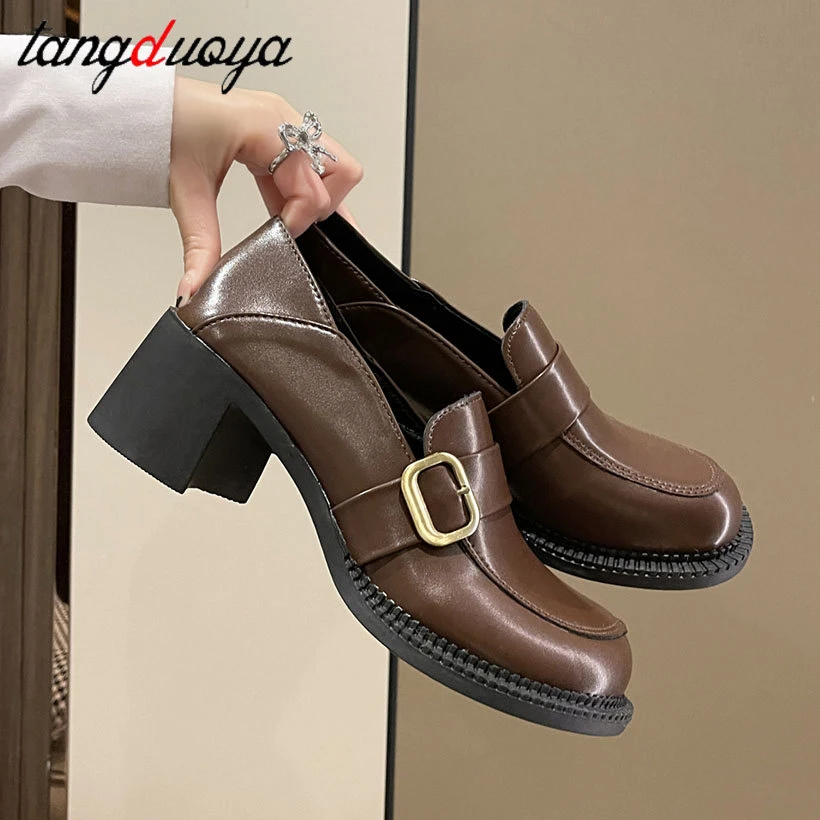 Zapatos de grueso estilo Oxford para mujer, mocasines Retro de punta cuadrada, sin cordones, Color negro y marrón, 2022|Zapatos de tacón de mujer| - AliExpress