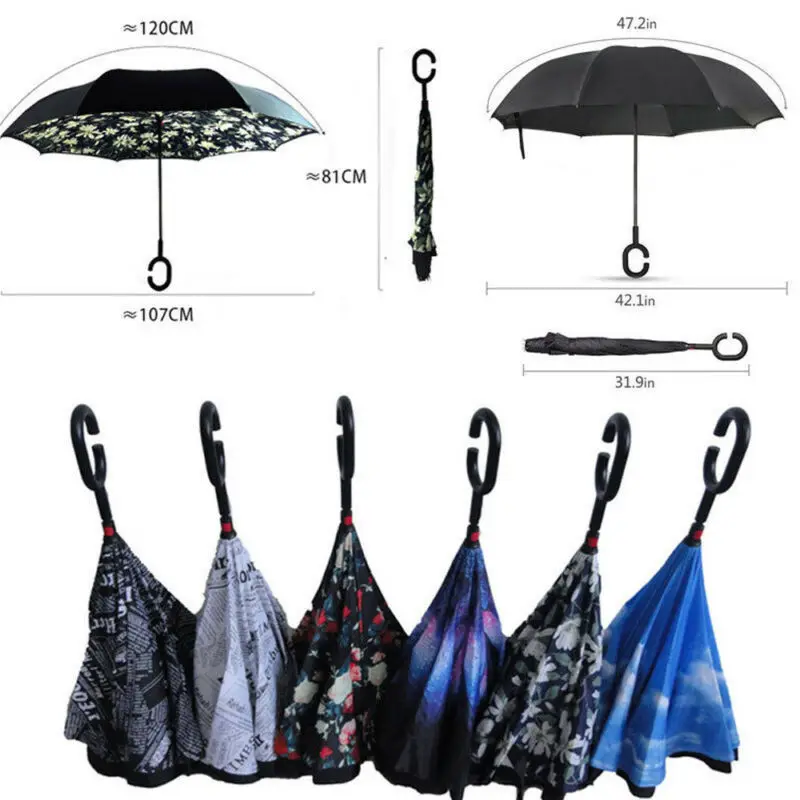 Ветрозащитный C ручкой обратный складной зонтик для мужчин и женщин, защита от солнца, дождя, автомобиля, перевернутые зонтики, двойной слой, анти-УФ, самостоятельная подставка Parapluie