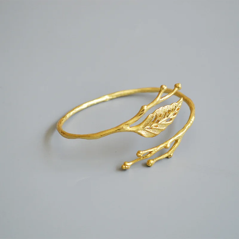 

European and American Chaoren Original Retro Brass Electroplated Matt Gold Leaves Bangle Adjustable Fork Opening Temperament