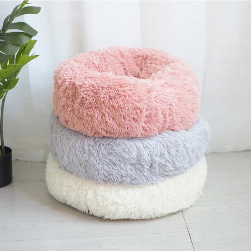  Long Plush Cat Bed House Soft Pet Dog Bed Round Cats Nest Winter Warm Sleeping Cushion Puppy Mat Po